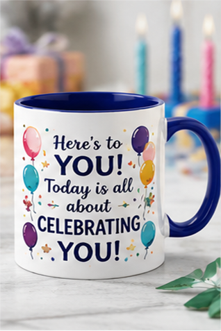 Celebrating You birthday mug — dark blue